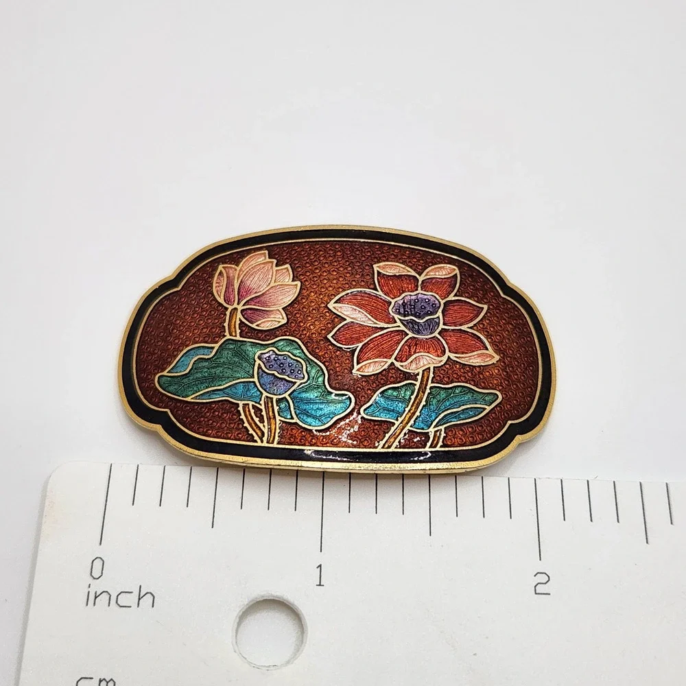 Vintage Cloisonne Lotus Flower Scarf Slide Clip Enamel Gold Tone Floral Oval‎